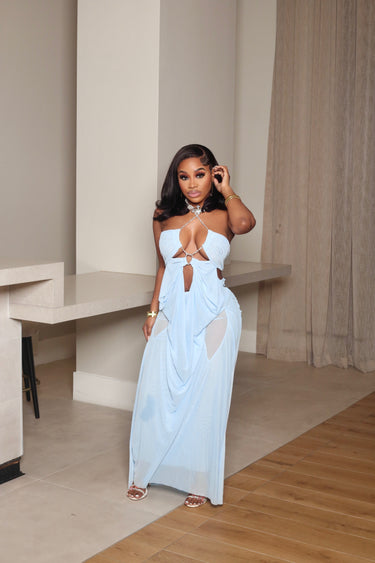Goddess Drip Chain Maxi Dress Baby Blue L