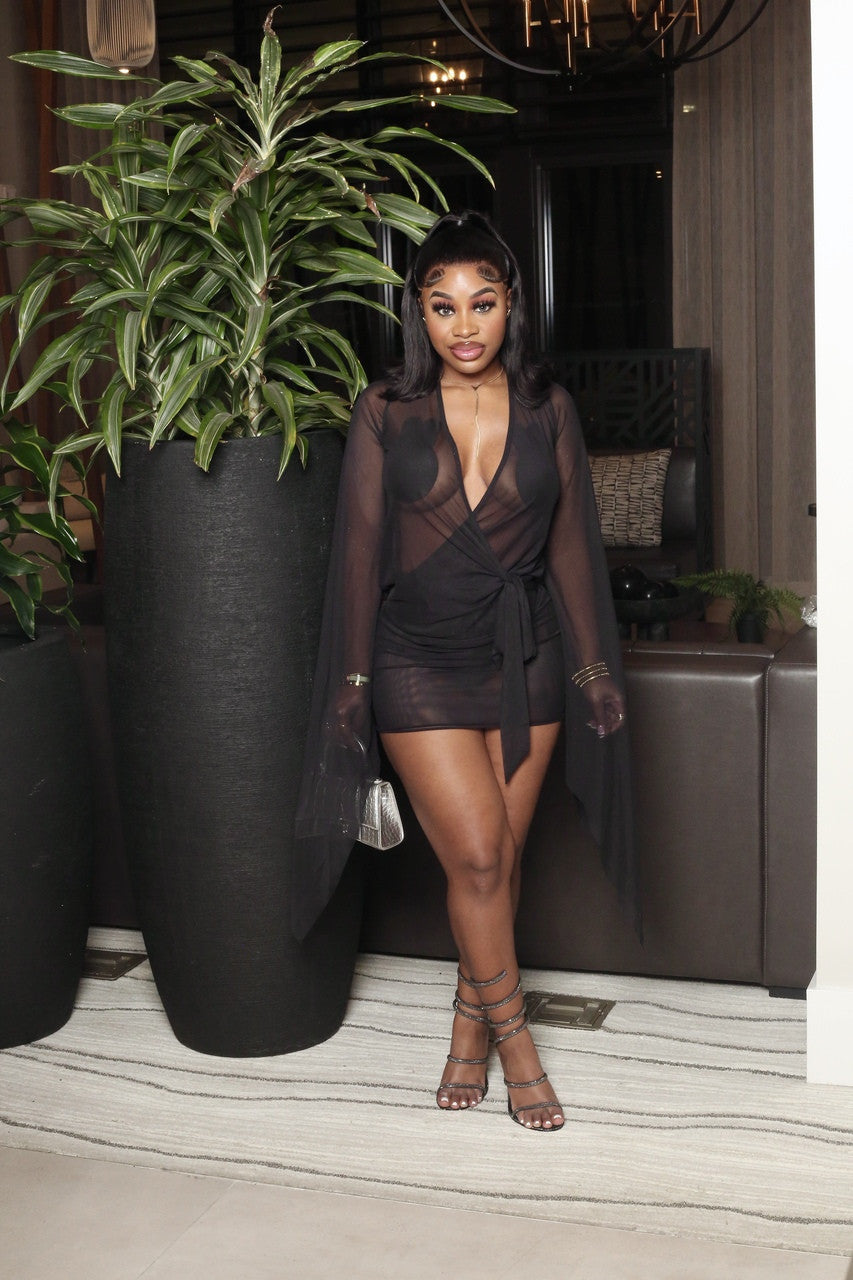 Midnight Allure Sheer Wrap Dress